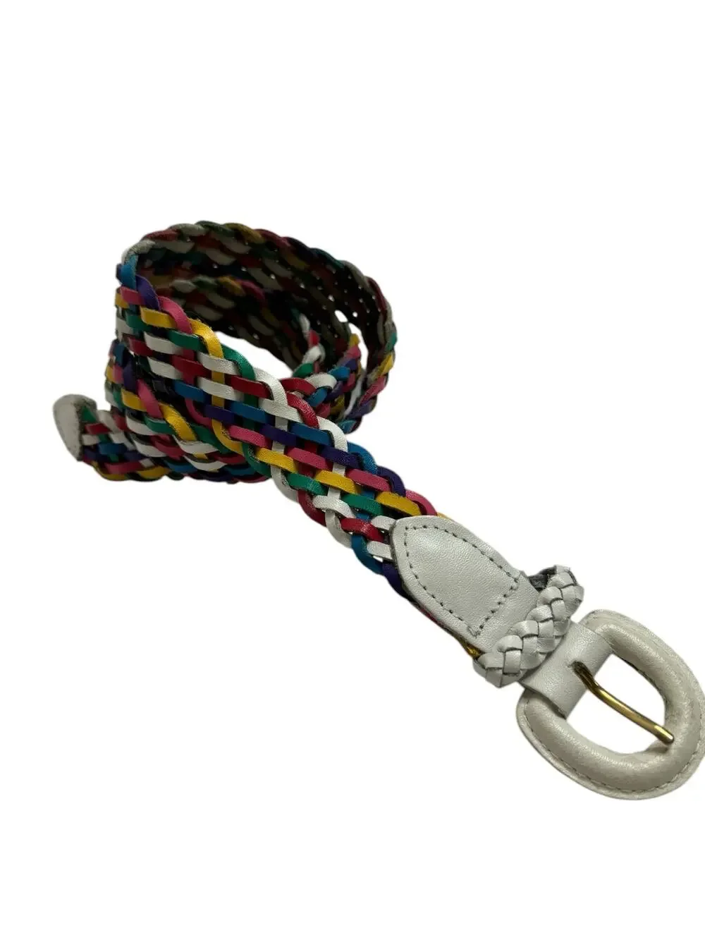CHIC Rainbow Braided Split Leather Belt Size Large Womens Colorful White Retro